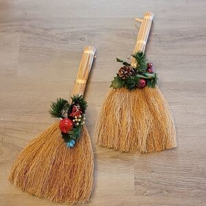 Vintage Christmas Broom Decorations Set of 2